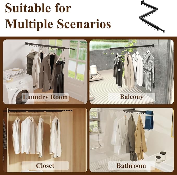 SVELTHOME Clothes Drying Rack Wall Mounted, Foldable Laundry Drying Rack,Retractable Tri-Fold Space Saver for Laundry Room Bathroom (Black)