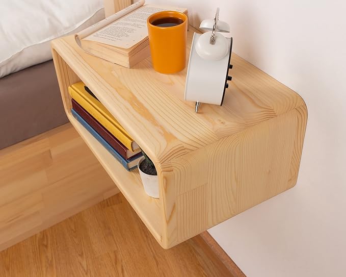 Floating Nightstand Wooden, Bedside Table, Nightstand Shelf, Handmade, Wall Mounted Bedside Shelf, Minimalist and Unique Style (Natural)