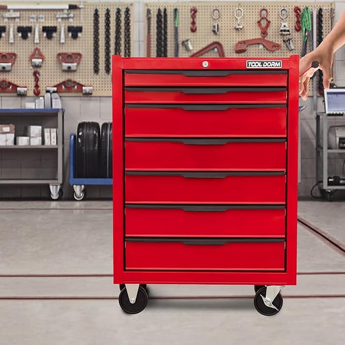 7-Drawer Rolling Tool Chest with Locking Wheels & Drawers, 13" D x 24.2" W x 34.6" H Mobile Tool Storage Cabinet, Heavy-Duty Garage Organizer w/Ergonomic Handle