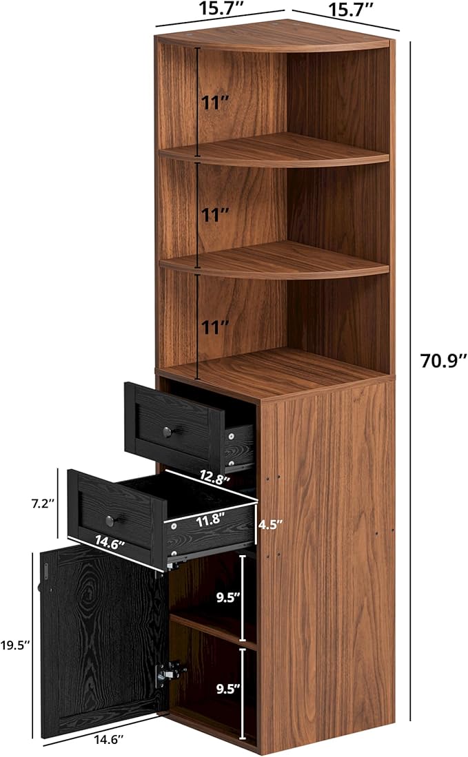 IRONCK Corner Bookshelf and Bookcase, 71" H Wooden Book Shelves 3 Tier with Drawers and Storage Cabinet for Living Room, Office, Bedroom, Brown and Black