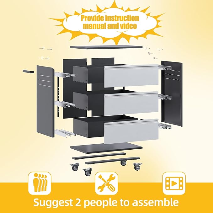 Aobabo Metal Garage Storage Cabinets with Wheels, Steel Cabinet with Drawer, 3 Drawers Rolling Tools Chest with Hooks for Garage, Warehouse, Home, Assembly Required, Black Silver