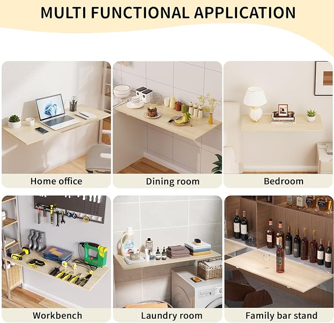 GOYLSER Wall Mounted Folding Kitchen Table Desk for Small Spaces Saving, Natural Wood Fold Down Laundry Wall Table, Wall Folding Portable Workbench Worktable, 47" x 20.5"