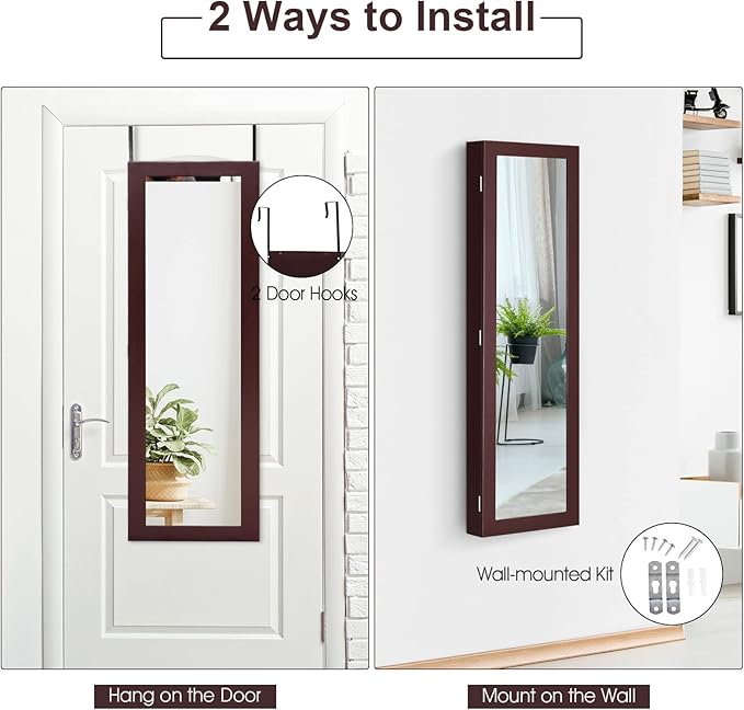 COSTWAY Full Length Mirror Jewelry Cabinet, Wall Door Mounted Jewelry Organizer with Makeup Mirror, Ring Slots and Necklace Hooks, Large Storage Jewelry Armoire for Bedroom, Dressing Room (Brown)