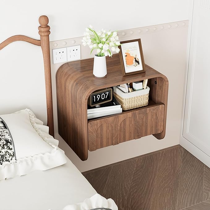 Floating Nightstand Set of 2, Small Night Stand with Drawer and Open Storage Shelf, Modern Wall Mounted Bedside Table, Farmhouse Wooden Nightstands for Bedroom, Living Room