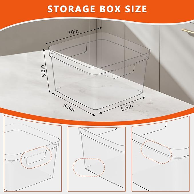 MOONEDGE 8-Pack Clear Plastic Storage Bins — Open-Top PET Containers and Organizers, 10" x 10" x 6" Storage Boxes for Pantry, Garage, Under-Shelf and Multi-Purpose Home Organization