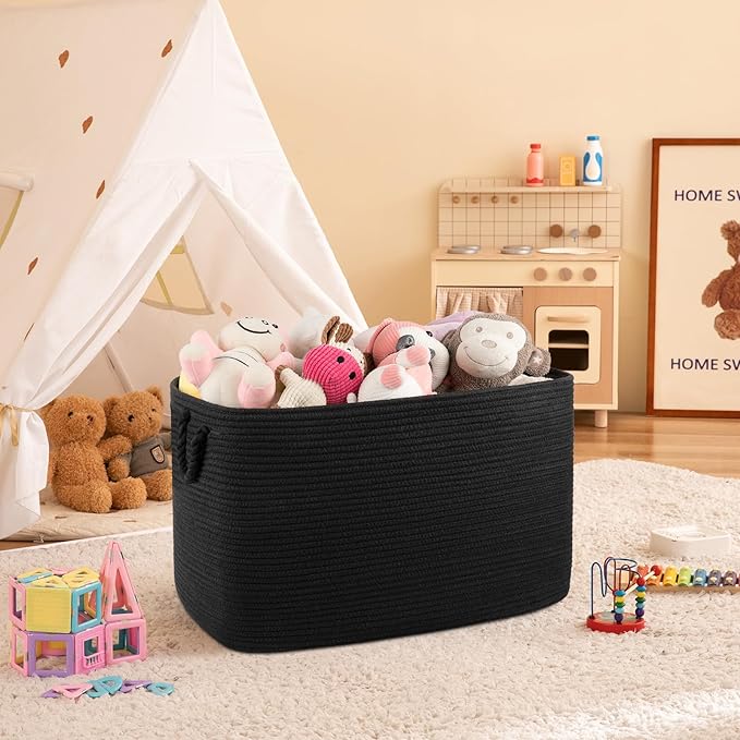 95L Extra Large Blanket Basket with Lid, 24" x 16.9" x 14.2" Woven Storage Basket for Living Room, Rectangle Nursery Blanket Storage for Toys, Towels, Dirty Clothes, Black