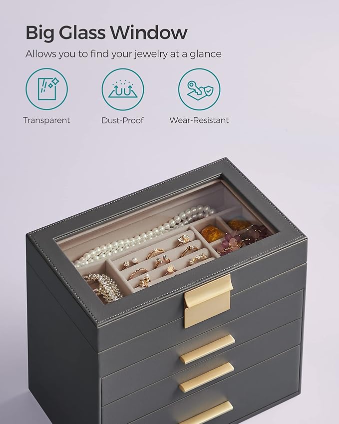 SONGMICS Jewelry Box Organizer with Glass Lid, 4-Layer Jewelry Storage, with 3 Drawers, Modern Style, Christmas Gift, 6 x 9.9 x 8.5 Inches, Gray and Gold Color UJBC161C01