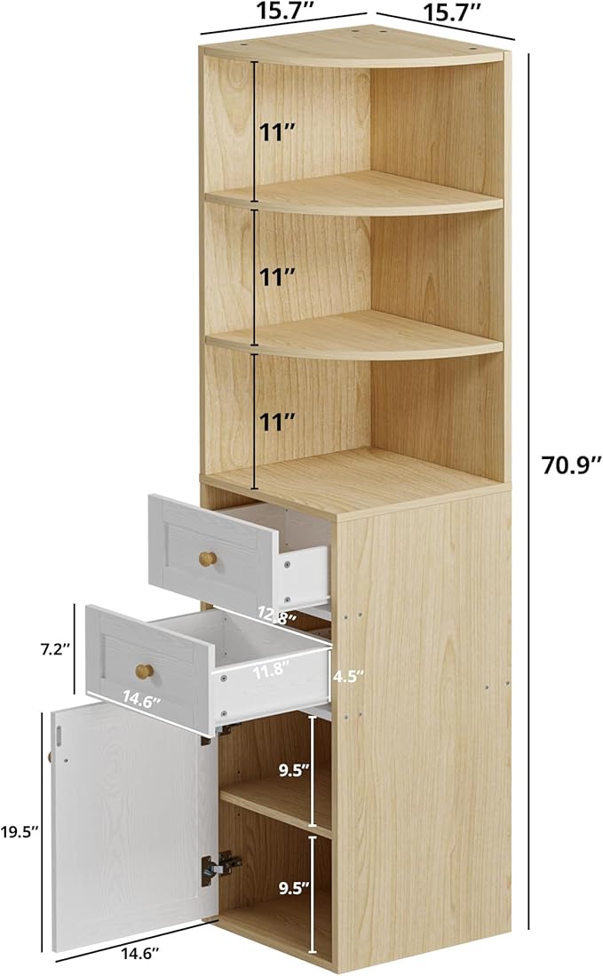 IRONCK Corner Bookshelf and Bookcase, 71" H Wooden Book Shelves 3 Tier with Drawers and Storage Cabinet for Living Room, Office, Bedroom, Oak and White