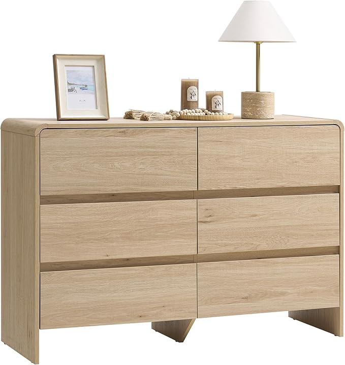 AMERLIFE 6 Drawer Dresser for Bedroom, 49" Long Modern Chest of Storage Drawers with Rounded Corners, Anti-Tip Kit, Wood Cabinet Organizer for Closet, Apartment, Nursery, Easy Assembly, Light Oak