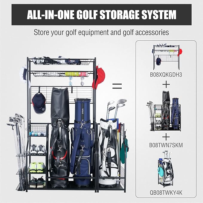 Mythinglogic Golf Bag Storage Garage Organizer,2 Golf Bags Storage Stand and Golfing Equipment Accessories Storage Rack with 4 Removable Hooks, Extra Golf Clubs Display Rack
