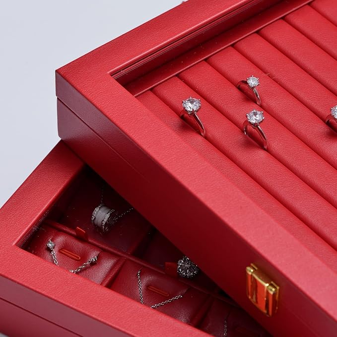 Oirlv Luxury Leather Rings Earrings Organizer Tray with Clear Lid Jewelry Display Box with Acrylic Lid Stackable Jewelry Box Drawer Inserts