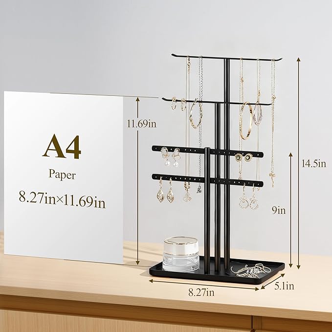 pickpiff Jewelry Stand Organizer, 14.5" Tall Sturdy Metal, 3-Tier Jewelry Holder for Necklace, Earring, Bracelet, Ring, Hanger for Display and Storage, Aesthetic Room Decor, Black
