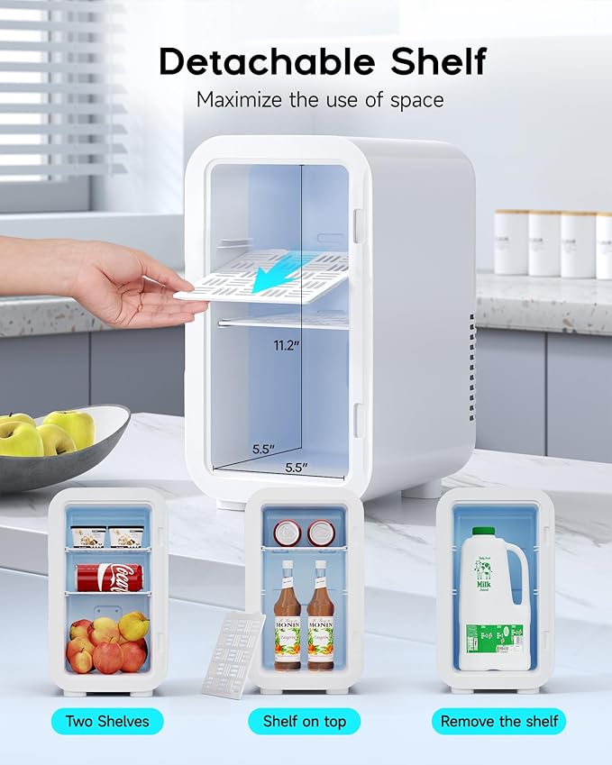 Mini Fridge,6 Liter / 8 Can Small Fridge for Bedroom, Car, Office & Dorm, 110V AC/DC Portable Thermoelectric Cooler & Warmer for Skincare, Food, Drinks, White