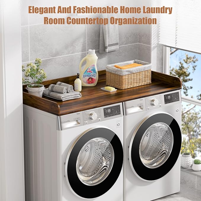 Washer Dryer Countertop, 27.5" D x 54" W Washer and Dryer Topper Covers with Edge Rails, Wood Laundry Room Countertop Shelves for Laundry Room Organization and Storage (Brown)
