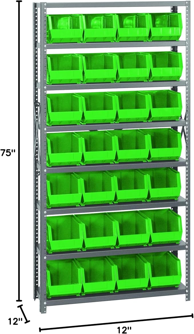 Quantum Storage Systems QSBU-239GN Giant Open Hopper Steel Shelving System, 12" D x 36" W x 75" H, with 8 Shelves and 28 QUS239 Bins, Green
