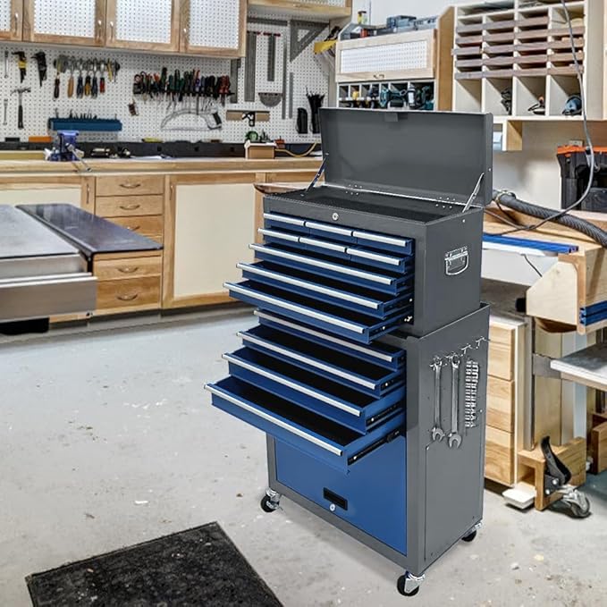 13-Drawer Rolling Tool Chest,Toolbox with Wheels,Tool Cabinets with Drawers, Top Detachable Tool Box with Hooks Handles for Workshop Mechanical Garage (blue＆grey)