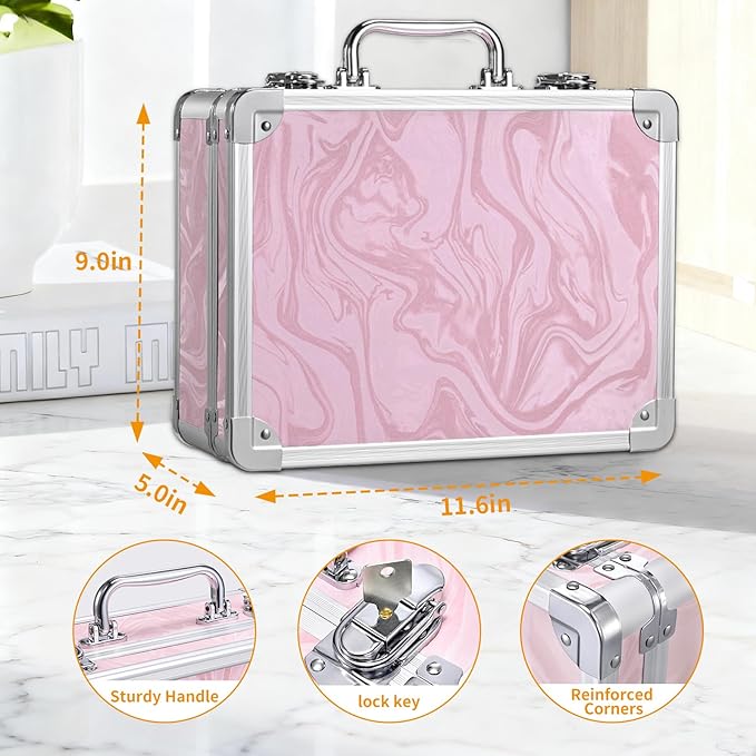Makeup Case with LED Mirror - Pink Fluid-Color Makeup Box with Detachable Lighted Mirror, Travel Cosmetic Train Case Organizer with Adjustable Dividers and Tool Panel for Brushes
