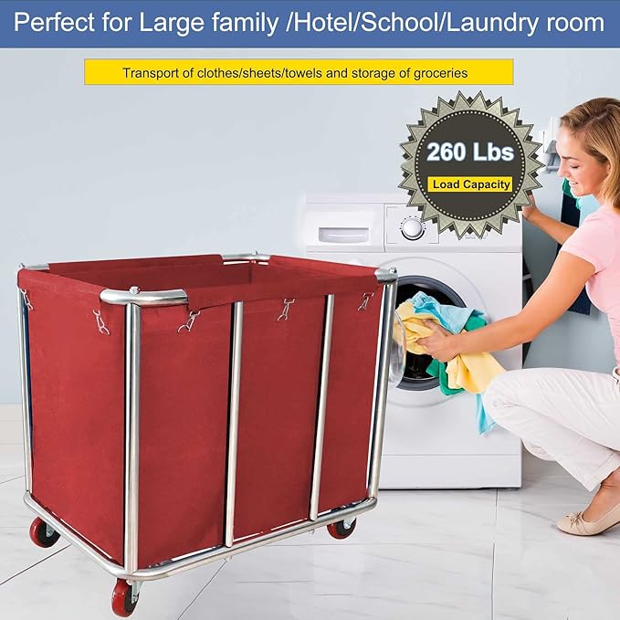 Commercial Laundry Cart With Wheels - 11.5 Bushel Heavy Duty Stainless Steel Hamper With Waterproof Lining - 260 Lbs Load Capacity