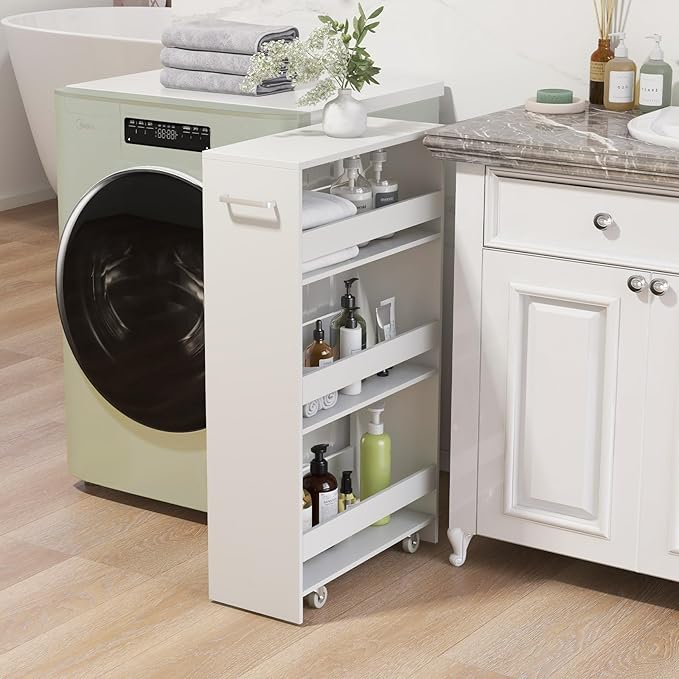 LOKO 4-Tier Rolling Storage Cart, 8 Inches Slim Kitchen Cart on Wheels with Open Shelves & Handle, Laundry Room Cart Between Washer and Dryer, for Narrow Space Bathroom Next to Fridge (White)