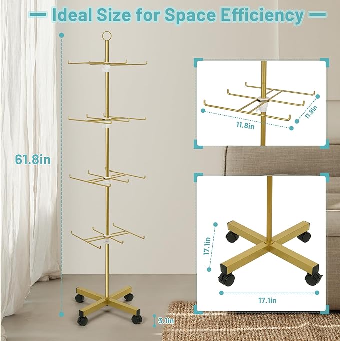Retail Display Stand Rotating Display Stand 4 Tier Spinning Display Stand for Craft Shows, Jewelry, Keychain, Earring Adjustable Height Retail Display Racks (Gold)
