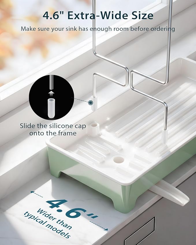 Ceramic-Look Sink Caddy, Rustproof Sponge Holder for Kitchen Sink with 304 Stainless-Steel Brush Holder, Countertop Rack Organizer with Raised Ridges & Silicone Drain Tube (Mint Green)