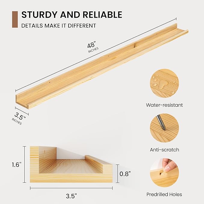 Picture Ledge Shelf, Floating Shelves Set of 2, 48 Inches Solid Wood Nursery Book Shelves for Toys Storage, Kids Bookshelf Wall Mounted for Living Room Bedroom Decor Books Photo Frames, Natural
