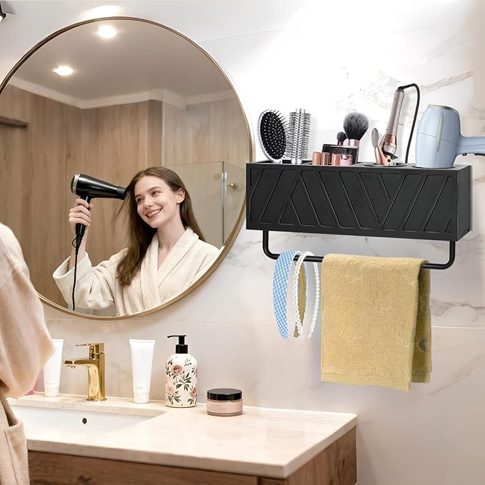 Hair Tool Organizer Wall Mounted with Towel Bar, Wood Hair Dryer and Styling Holder for Bathroom, Vanity Caddy Storage Stand for Storage Bathroom Accessories, Flat Iron, Blow Dryer, Brushes(Black)