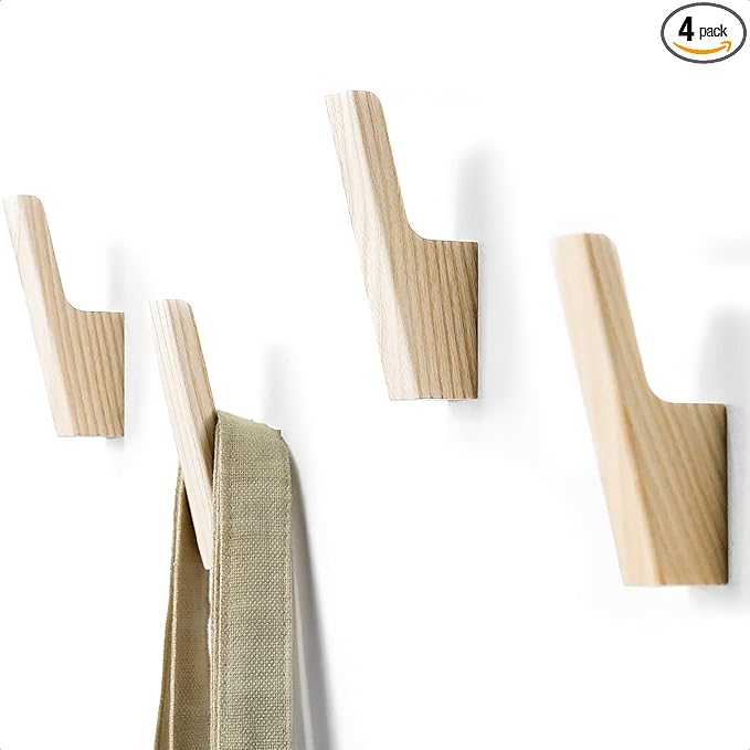 Wall Hooks - Set of 4 - Dark Walnut or Light Ash Wood Coat Hooks for Hanging Hat, Purse, Backpack, Bag, Jacket. Modern Farmhouse Decor for Wall and Practical Entryway Hooks (Ash Wood)