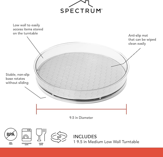 Spectrum Medium Lazy Susan Organizer 9.5 in for Cabinet Refrigerator Pantry Table Rotating Kitchen Storage Spice Rack Fridge Organization, Oyster Gray Spinning Turntable for Sauces Jams Condiments
