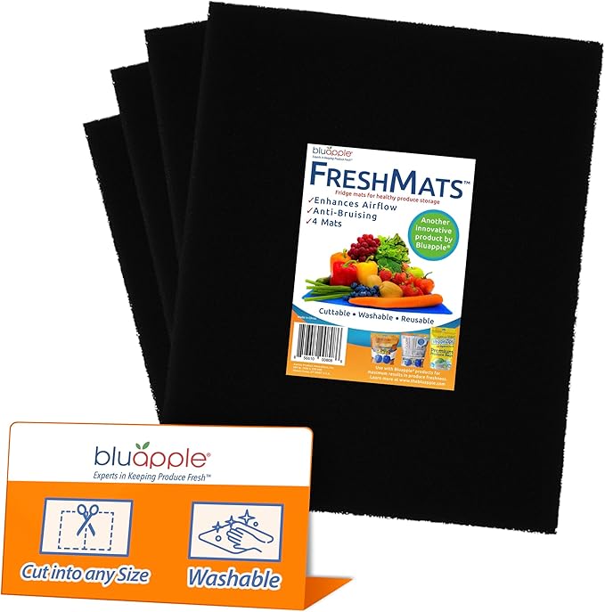 Bluapple FreshMats, Refrigerator Bin Liner, Fridge Drawer Mats, Crisper Life Extender Liner Keeps Produce Fresh Longer, Anti-Bruising, for Air Circulation, Washable & Reusable (4-Mats, 12x15, Black)