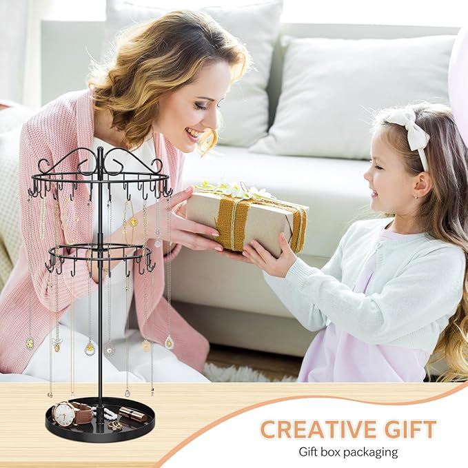 iDavosic.ly 2 Tier Rotating Necklace Organizer with Jewelry Tray, Adjustable Metal Necklace Holder with 42 Hooks, Extra Tall Bracelet Keychain Spinning Display Stand Tree Tower for Women, Black