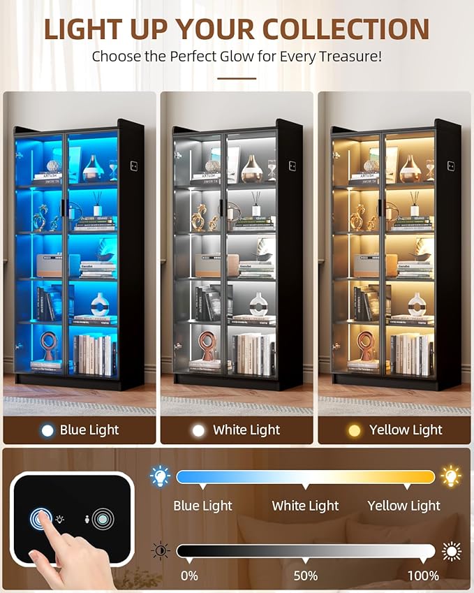 Display Cabinet with Glass Doors and Shelves, 65" Tall Curio Cabinet with LED Lights/Human Sensor, 5 Tier Display Case for Collectibles Bedroom Living Room Office, Black