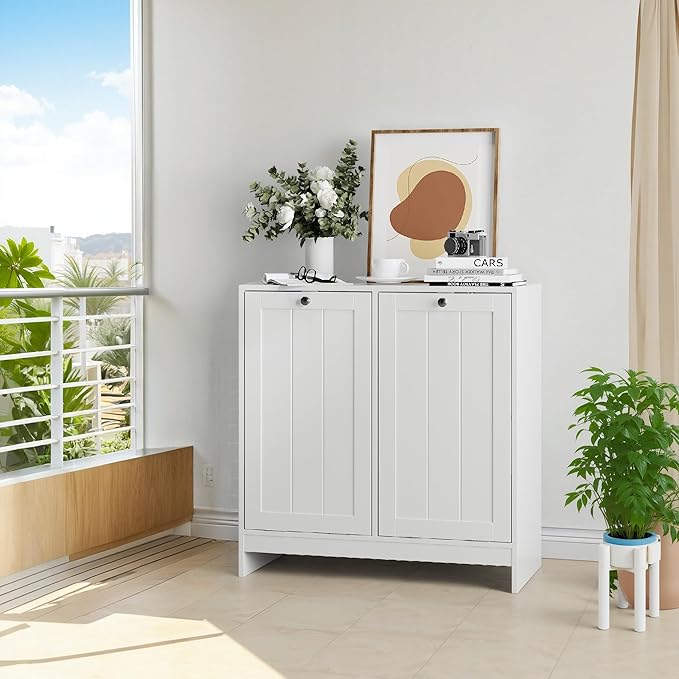 Double Tilt Out Laundry Hamper Cabinet with 2 Baskets, Laundry Cabinet, White, 12.99" D×25.98" W×26.81" H, 2 × 5.9 Gallon