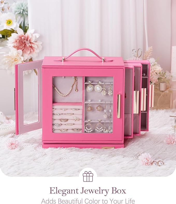 Homde Christmas Gifts Jewelry Box 360° Rotating, Necklace Earring Organizer with Transparent Window, Mirror, 7 Drawers, Large Ring Display Storage Case for Girls Women (Pink)