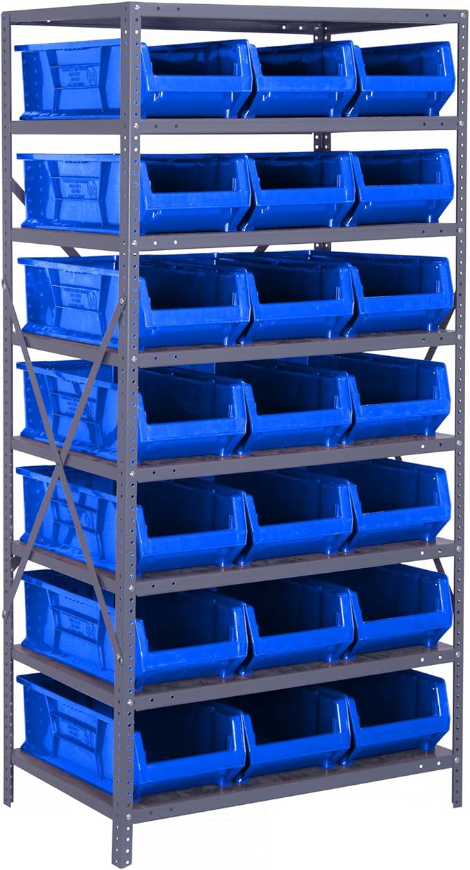Quantum Storage Systems 2475-952BL Solid Heavy Duty 8 Shelves 21 HULK Blue Bins 75" H x 36" W x 24" D