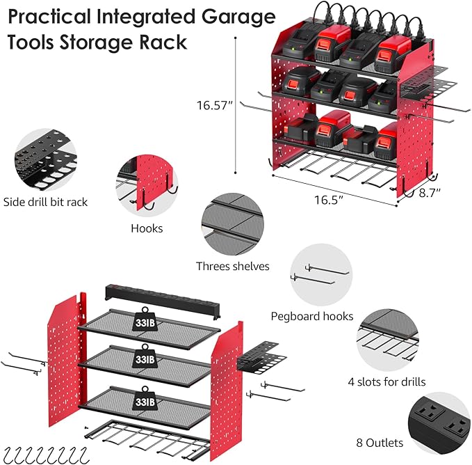 CCCEI Modular Pegboard Rack Power Tool Organizer with Charging Station. 4 Layer Wall Mount Drill Holder, Red Tool Battery Charger Organizer. Garage Shop Storage Utility Shelf with Power Strip.
