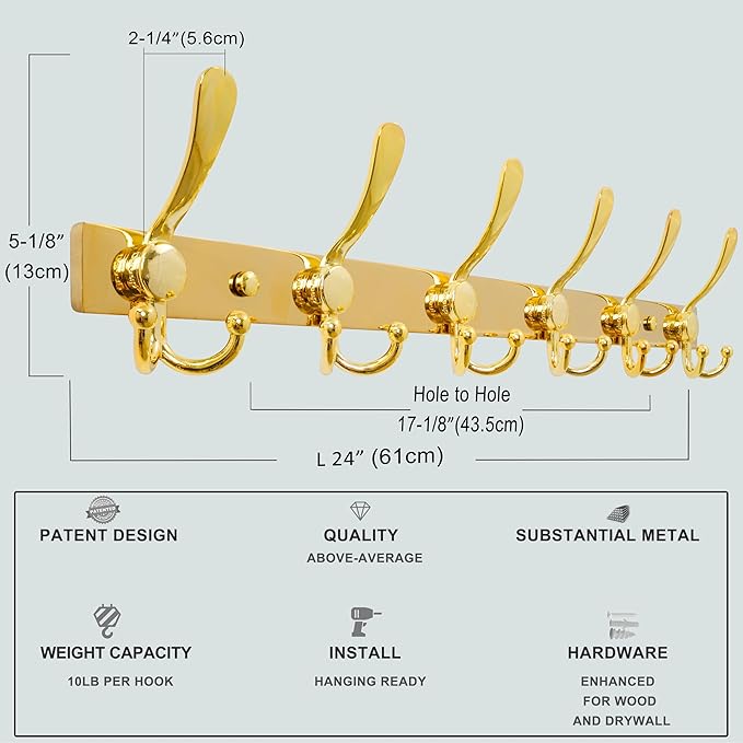 Dseap Coat Rack Wall Mount 2.0 Pro: 24” Long, 3X Tougher, Heavy Duty Stainless Steel Wall Coat Hanger with 6 Tri Hooks for Clothes Jackets Hats Entryway Closet, Gold