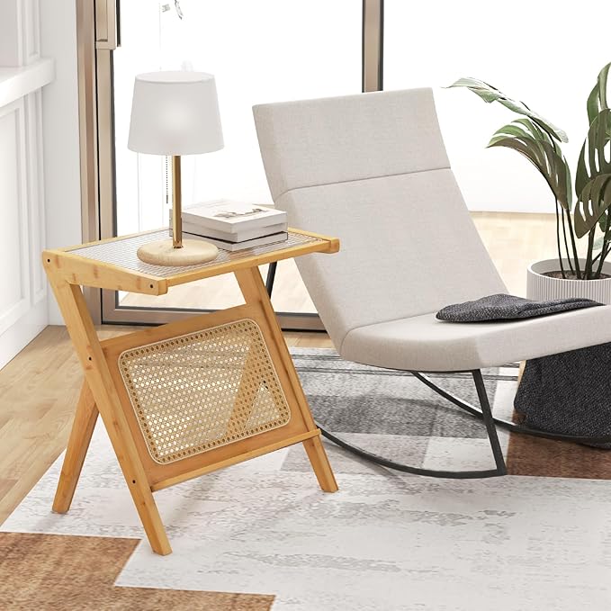 GOFLAME Rattan Side Table, Z-Shaped End Table with Tempered Glass Top, Magazine Rack, Boho Night Stand, Small Coffee Table, Bamboo Accent Bedside Table for Living Room, Bedroom, Natural
