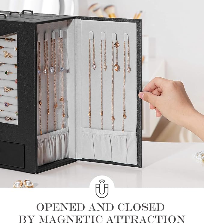 Homde Jewelry Organizer with Transparent Window Necklace Hooks Gift for Women Jewelry Box Display Case for Necklaces Rings Earrings Bracelets and Other Accessories (Black)