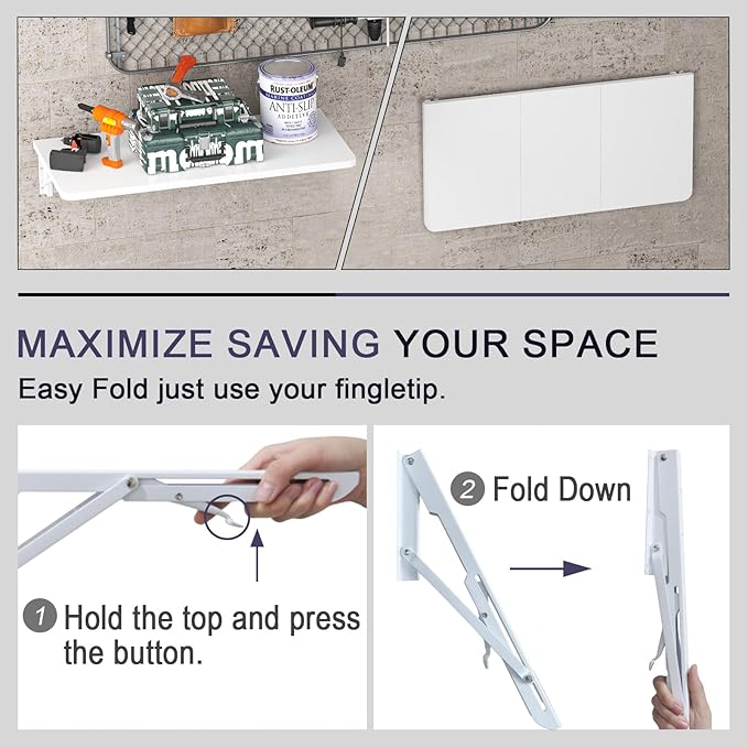 TEAMIX Wall Mounted Desk, White Folding Table for Small Spaces, Wall Floating Desk with Heavy Duty Brackets for Laundry Room,Kitchen,Office Storage