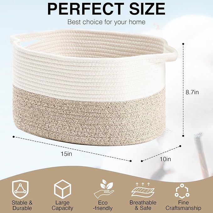 DUHEL Cotton Rope Woven Storage Basket, Used for Baby Hamper Toy Organizer, Gift Baskets Empty,Kids Laundry Basket,Baby Blanket Basket. Size 15x10x8.7 Inches. (White&Brown-3PCS)