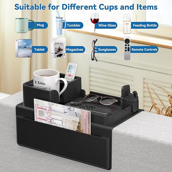 Couch Arm Cup Holder CLESOO Couch Arm Tray Anti-Slip Couch Cup Holder Silicone Sofa Armrest Tray Dual Side Pocket Couch Drink Holder Sofa Caddy Arm Remote Holder Snack Caddy with Phone Holder Black