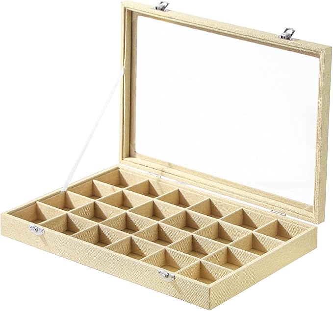 Coward Jewelry Organizer Box, Yellow Linen 24 Grids Ring Earring Jewelry Display Tray Case with Transparent Glass Lid for Home Drawer or Shop Selling