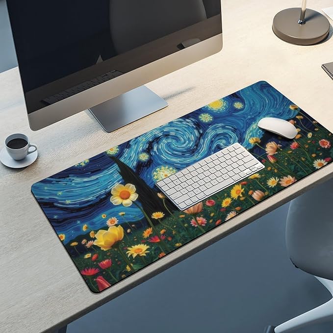 Starry Night Large Mouse Pad, Vintage Aesthetic Flowers Gaming Desk Mat, XXL Keyboard Desk Pad Mat for Desktop, 35.4"x15.7" Non-Slip Base Big Mousepad with Stitched Edges