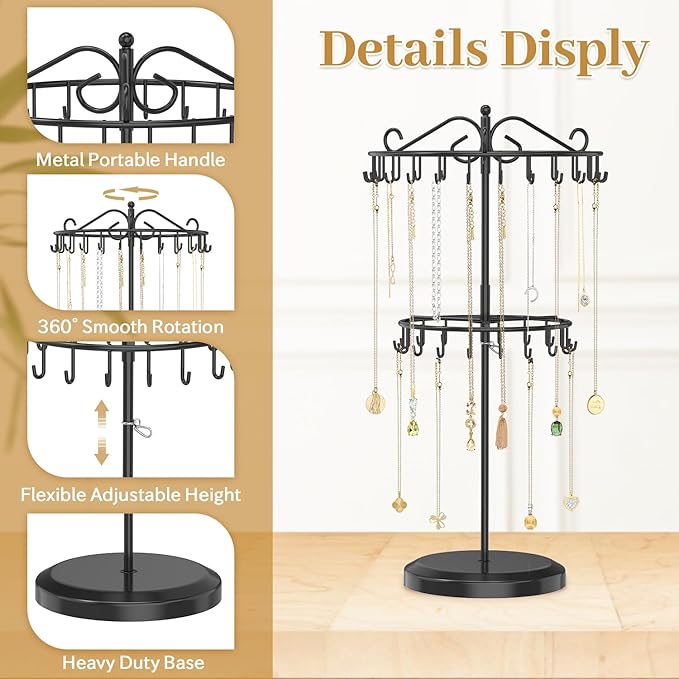 MODOWEY Rotating Necklace Holder Organizer Display Stand with 42 Hooks, 2 Tier Adjustable Metal Tree for Long Necklace Hanger Selling, Tall Spinning Bracelet Storage Rack for Men Women, Black