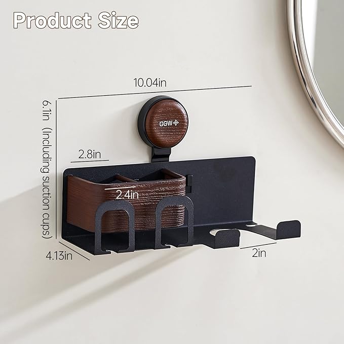 Hair Dryer Holder Wall Mount with Suction Cup, No-Drill Metal Blow Dryer Holder, Hair Accessories Tools Organizer Rack with 2 Toothbrush Hanger & Shelf, Walnut Finish for Bathroom