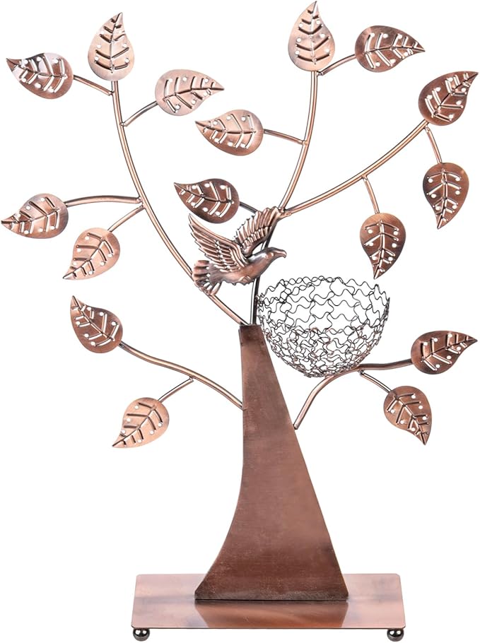 MyGift 14-Inch Modern Bronze Jewelry Organizer Tree with Bird Nest – Holds 48 Earrings, Necklace & Bracelet Stand, Metal Tabletop Display for Rings, Trinkets – Decorative Storage for Home Décor