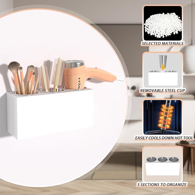 Hair Tool Organizer, Wall Mount Hair Dryer Holder with 3 Cups, Vanity Acrylic Hair Styling Tools Organizer for Curling Iron Straightener Styling Tools Bathroom Storage (3 Cups White)