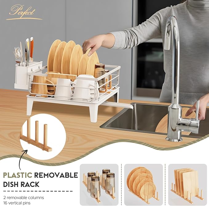 JYPS Dish Drying Rack for Kitchen Counter Decor with Drainboard Auto-Drain，Rustproof Dish Rack Drainers with Utensil Holder, Wooden Handles，360° Rotatable Drainer, Higher Legs (White)