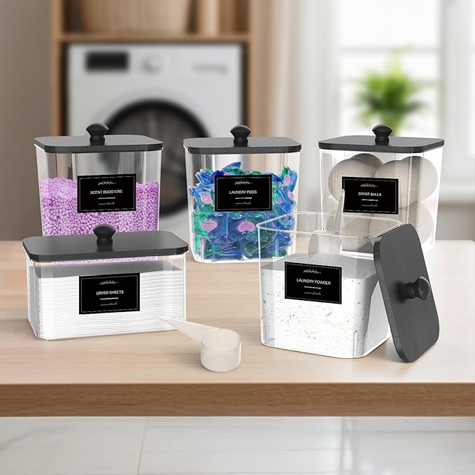 4+1 Pack Clear Laundry Pods Container & Dryer Sheet Holder, Plastic Square Laundry Room Organization and Storage Jars with Black Lids, Scoops & Labels for Detergent, Powder, Dryer Balls